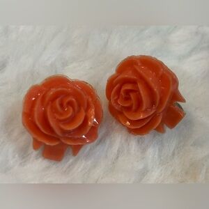 Vintage Coral Bakelite Carved Rose Earrings Clip Silver Backs